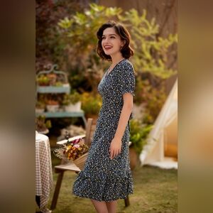NWT - Belle Poque Navy Floral V Neck Short Sleeve A Line Midi Dress- Size 2XL